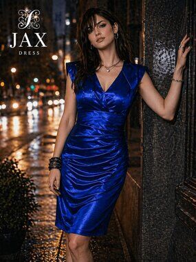 JAX Royal Blue Satin Cocktail Dress Size 4 Ruched Bodycon Formal